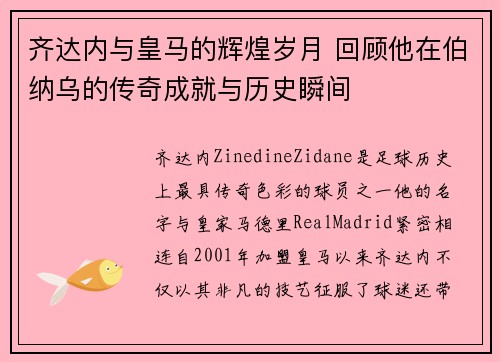 齐达内与皇马的辉煌岁月 回顾他在伯纳乌的传奇成就与历史瞬间